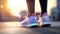 female athletic legs walking in sneakers. Generative Ai