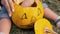 Female and baby hands carves a scary halloween pumpkin