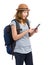 Female backpacker look at mobile phone