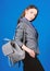 Female bag fashion. girl student in formal clothes. student life. Smart beauty. Nerd. business. Shool girl with knapsack