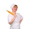 Female baker with rolling pin isolated