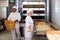 Female bakery worker pulls bread pan out of oven