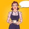 Female Bartender with Cup of Coffee in Cafe. Pop Art retro illustration