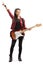 Female with a bass guitar standing and pointing up