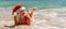 Female beach Santa hat wave coast. beach relaxation seaside. A woman in a red swimsuit enjoying her time on the beach