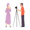 Female Beauty Blogger Streaming Online, Cameraman Recording Video with Camera on Tripod Cartoon Vector Illustration