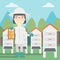 Female bee-keeper at apiary vector illustration.