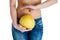 Female belly. Woman Hands holding pomelo. IVF, pregnancy, diet concept.