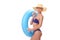 Female in bikini holding swimming ring
