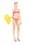 female in bikini holding a yellow swimming float
