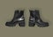Female black leather boots on thick soles and high heels isolated on brown background. Tractor-soled boots