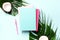 Female blog writer workspace concept. Green monstera palm leaves, coconut on pink background with copy space. Banner. Flat lay,