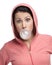 Female blows out pink bubble gum