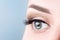 Female blue eye with long eyelashes, beautiful makeup close-up. Eyelash extensions, lamination, microblading eyebrow tattoo