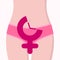 Female body fragment in bikini with gender symbol, clock.