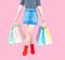 The female body part wore pink skirt jean and red boots. Carrying a shopping bag in many pastel colors on pink background