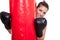 Female boxer holding punching bag