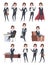 Female business characters. Company office workers action pose making different works with self business items vector