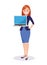 A female businessman shows a laptop. Vector illustration