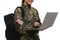 Female cadet with backpack and laptop on white background, closeup. Military education