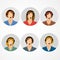 Female call center operator icon set - woman in headphones avatar collection. Customer support, client services, phone