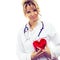 Female cardiologist with red heart.