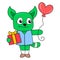 Female cat carrying love balloons and valentine gifts, doodle icon image kawaii