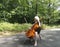 Female cellist performing.