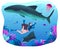 Female character diving, swim with shark, dangerous ocean, sea, woman exploring water flora, fauna, flat vector