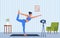 Female character doing yoga exercises at home recording video with camera on tripod. Social network blogging, healthy lifestyle