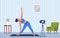 Female character doing yoga exercises at home recording video with camera on tripod. Social network blogging, healthy lifestyle