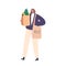 Female Character Holding Shopping Bags Filled With Vegetables, Fruits, And Baked Products. Woman with Fresh Foods