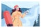 Female character holding a skipass for snowboarding. Snowboarder
