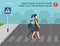 Female character holds child\\\'s hand while crossing the street on crosswalk. Hold your child\\\'s hand.