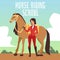Female character of horse rider standing near horse, flat vector illustration.