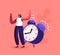 Female Character Ignoring Problems. Tiny Businesswoman Ignore Huge Alarm Clock Ring. Time Management, Procrastination