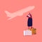Female Character with Newborn Baby on Hands with Luggage Bags and Flying Airplane on Background