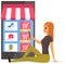 Female character with smartphone uses online shopping application. Woman buys goods in internet