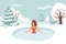 female Character Swimming in Ice. Healthy lifestyle challenge, sport activity concept. Hole in Winter Season. Woman