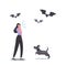 Female Character Whistle Call Dog during Outdoor Walk or Training, Bats and Doggy Listen Ultra Sound Frequency Waves