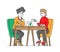 Female Characters Sitting at Disinfected Cafe Table Drinking Coffee with Mask and Sanitizer Bottle Disinfectant