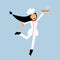 Female chef cook character in uniform jumping with plate of pizza Illustration