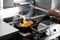 Female chef cooking meat with manual gas burner on stove in restaurant kitchen