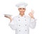 Female chef with empty plate showing ok sign