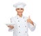 Female chef with empty plate showing thumbs up