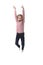 Female child with blond hair jumping happy and crazy rising arms in body language education concept