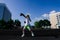 Female child boxer in gloves, feminism concept. Back to school, physical training lesson