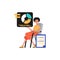 The female child sits in a mince and holds a graph with statistic. Trendy style, Vector Illustration