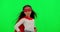 Female child, superhero and green screen with mask, hair flip and fight for justice in mock up. Young girl kid, power