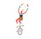 Female circus artist juggle bowling pins balancing on unicycle. Portrait of women cirque performer riding monocycle